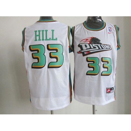 Pistons #33 Hill White Throwback Stitched NBA Jersey