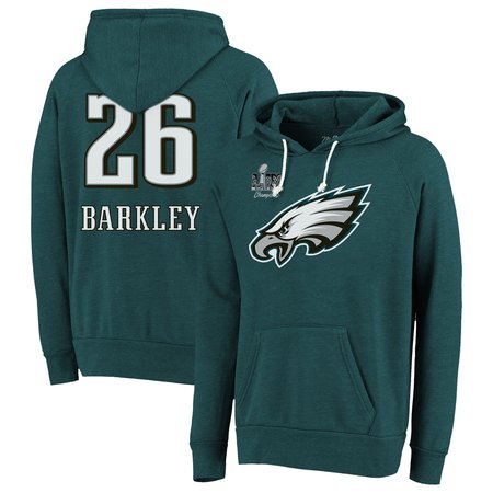 Men's Philadelphia Eagles #26 Saquon Barkley  Threads Midnight Green Super Bowl LIX Champions Name & Number Tri-Blend Pullover Hoodie