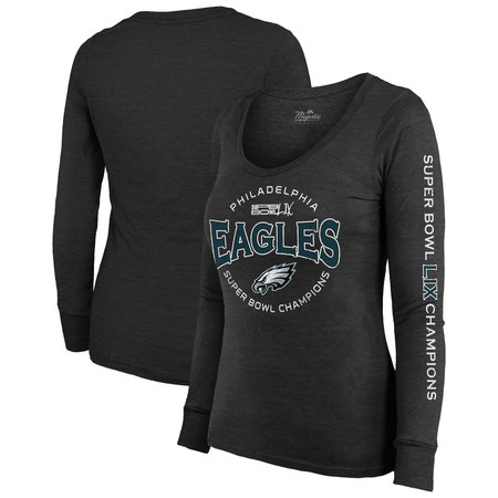 Women's Philadelphia Eagles Threads Black Super Bowl LIX Champions Highlight Tri-Blend Scoop Neck Long Sleeve T-Shirt