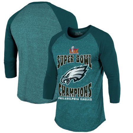 Men's Philadelphia Eagles Threads Midnight Green Super Bowl LIX Champions Choke Up 3/4-Sleeve Raglan Tri-Blend T-Shirt