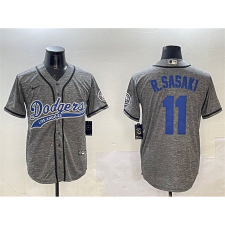 Men's Los Angeles Dodgers #11 Roki Sasaki Grey With Patch Cool Base Stitched Baseball Jersey