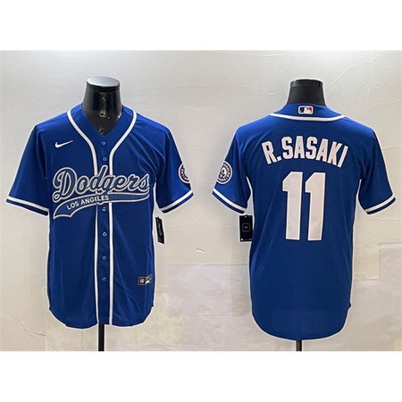 Men's Los Angeles Dodgers #11 Roki Sasaki Royal With Patch Cool Base Stitched Baseball Jersey