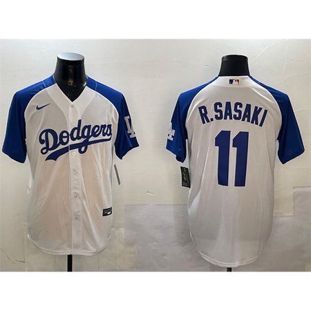 Men's Los Angeles Dodgers #11 Roki Sasaki White/Blue Cool Base Stitched Baseball Jersey