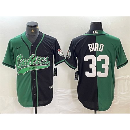 Men's Boston Celtics #33 Larry Bird Green/Black Split Stitched Baseball Jersey