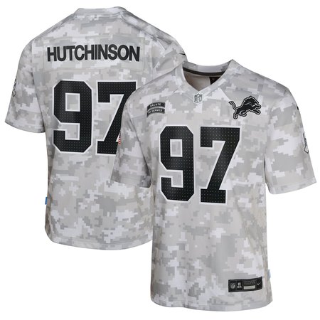 Youth Detroit Lions #97 Aidan Hutchinson Arctic Camo 2024 Salute to Service Game Jersey