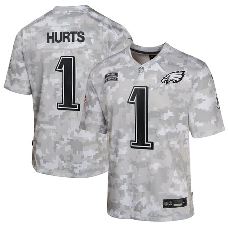 Youth Philadelphia Eagles #1 Jalen Hurts Arctic Camo 2024 Salute to Service Game Jersey