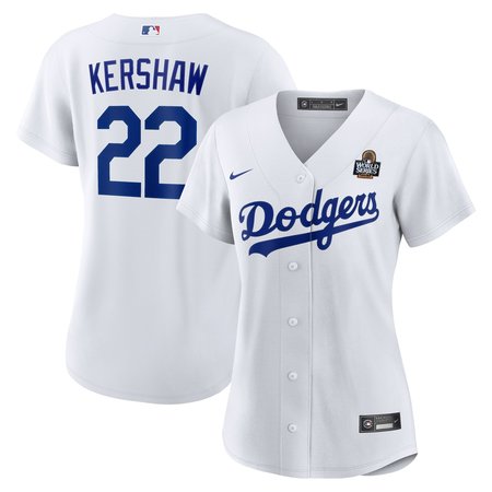 Women's Los Angeles Dodgers #22 Clayton Kershaw White 2024 World Series Home Home Replica Jersey