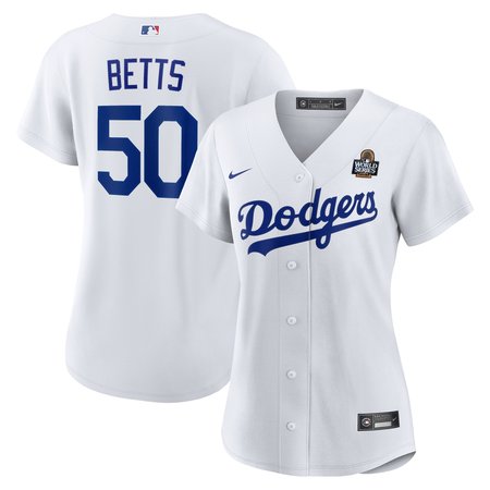 Women's Los Angeles Dodgers #50 Mookie Betts White 2024 World Series Home Home Replica Jersey