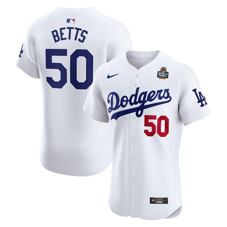 Men's Los Angeles Dodgers #50 Mookie Betts White 2024 World Series Home Elite Player Jersey