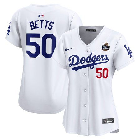 Women's Los Angeles Dodgers #50 Mookie Betts White 2024 World Series Home Limited Player Jersey