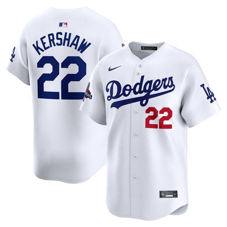 Men's Los Angeles Dodgers #22 Clayton Kershaw White 2024 World Series Champions Home Limited Player Jersey