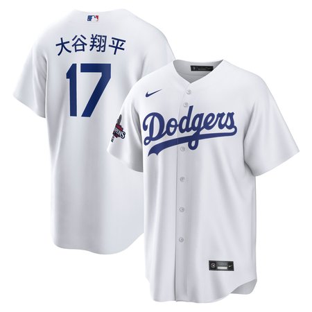 Men's Los Angeles Dodgers #17 Shohei Ohtani White 2024 World Series Champions Home Japanese Characters Replica Player Jersey