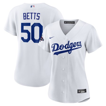 Women's Los Angeles Dodgers #50 Mookie Betts White 2024 World Series Champions Home Replica Player Jersey