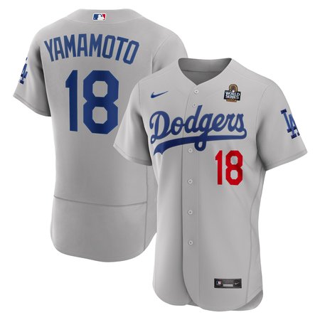 Men's Los Angeles Dodgers #18 Yoshinobu Yamamoto Gray 2024 World Series Alternate Authentic Player Jersey