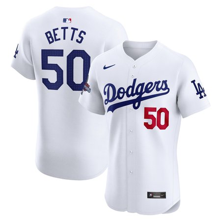 Men's Los Angeles Dodgers #50 Mookie Betts White 2024 World Series Champions Home Elite Player Jersey