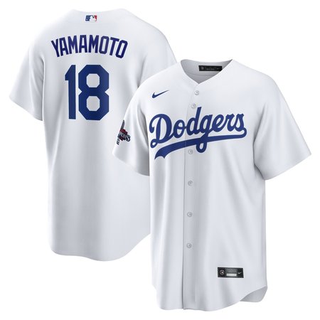 Men's Los Angeles Dodgers #18 Yoshinobu Yamamoto White 2024 World Series Champions Home Replica Player Jersey