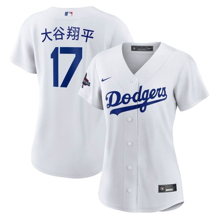 Women's Los Angeles Dodgers #17 Shohei Ohtani White 2024 World Series Champions Home Japanese Characters Replica Player Jersey