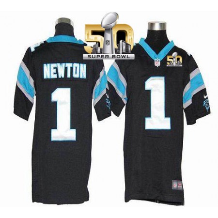 Panthers #1 Cam Newton Black Team Color Super Bowl 50 Youth Stitched NFL Elite Jersey